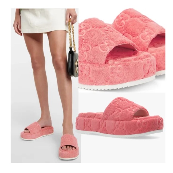 New Gucci GG monogram sponge GG Cotton Terry pink platform slides 38.5 - Picture 2 of 8
